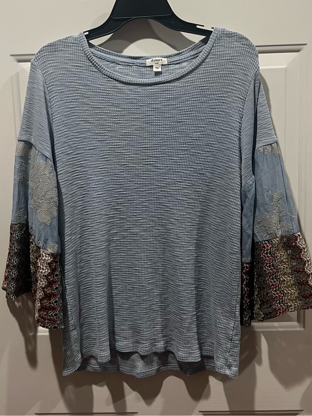 dylan Light Blue Waffle Knit Tunic with Patterned Bell Sleeves